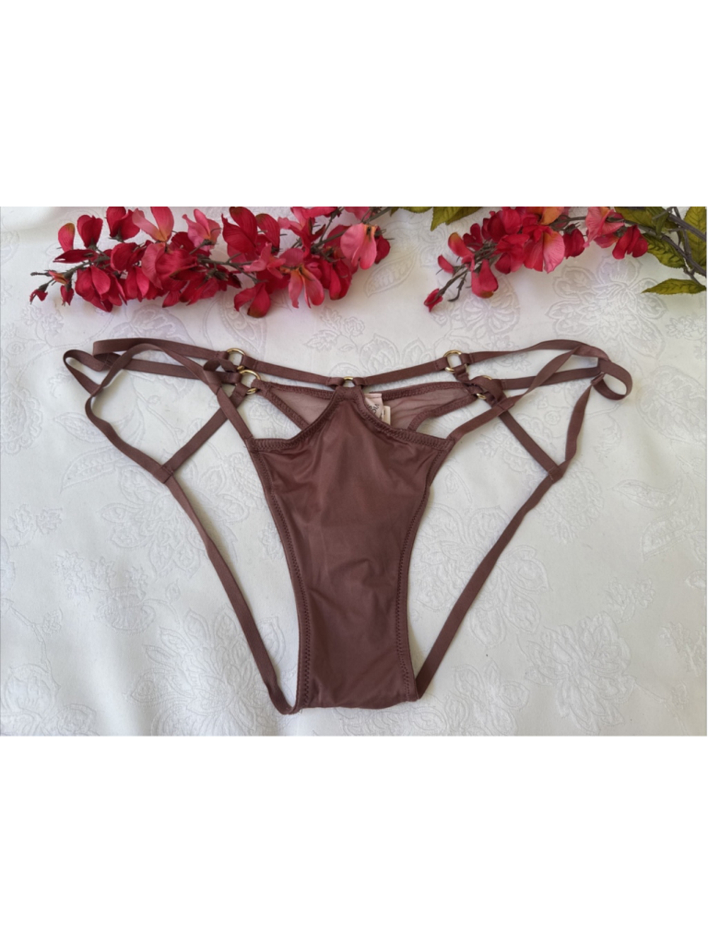 VICTORIA'S SECRET L MOCHA BROWN CUT OUT SILKY STRAPPY CHEEKY CHARM PANTIES NWT